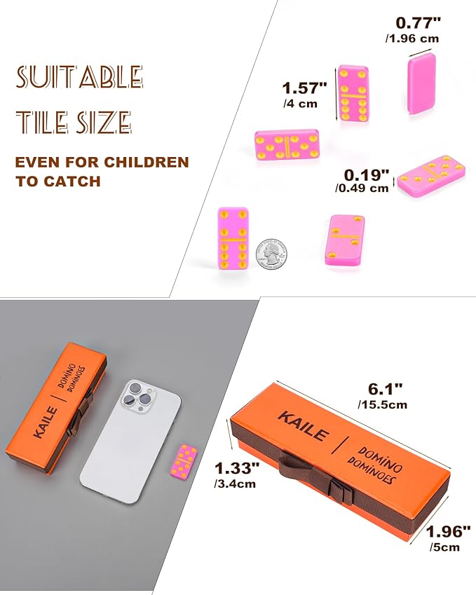 KAILE Pocket Domino Set – Mini Pink Dominoes with Gift Box & Ribbon, Bright Colors, Travel-Friendly Game for Kids & Adults, Idea, Portable Double-Six Set