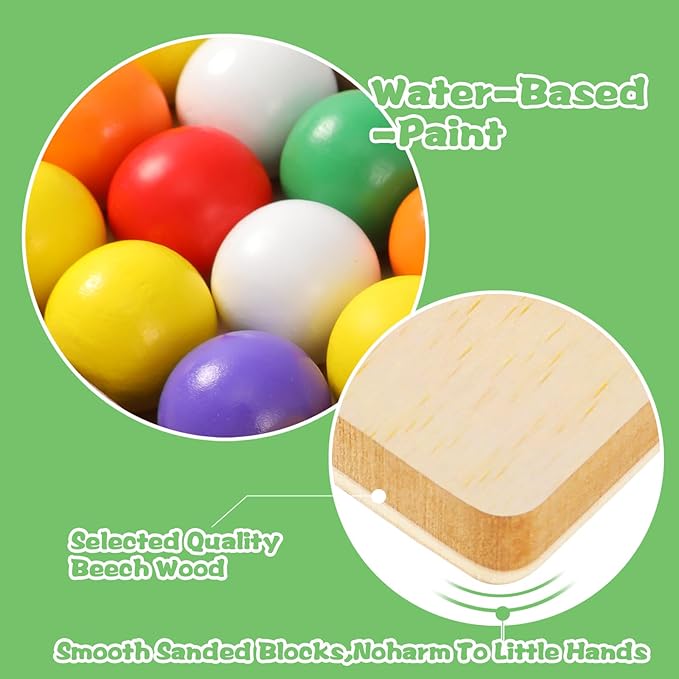Wooden Board Rainbow Beads Sorting Stacking Counting Games, Toddler Montessori Matching Color Toys Preschool Learning Educational Toys for 3 4 5 Years Old Boys Girls