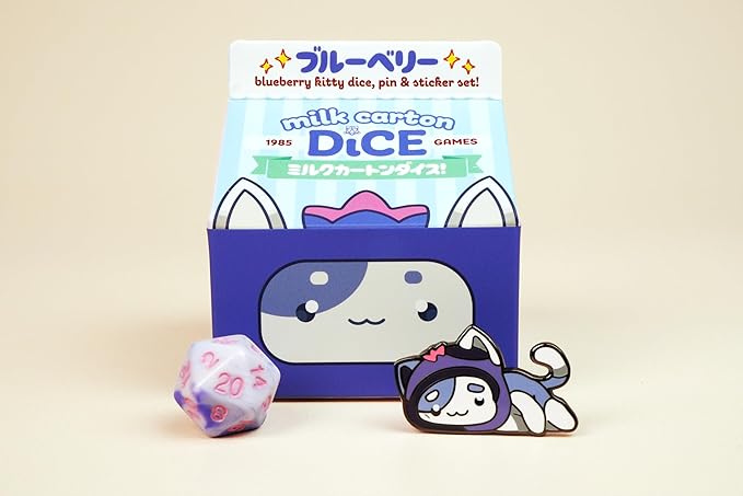 1985 Games Blueberry Kawaii Cat Dice Set – Milk Carton-Inspired Dice for DND | TTRPGs & Tabletop Roleplaying