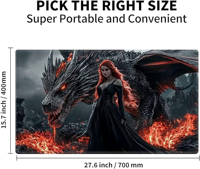 for MTG Playmat for Trading Card Games, Non-Slip Rubber Smooth Surface with Stitched Edges, Durable Desk Pad for Card Games, Custom Anime Playmat, Red Haired Woman Dragon