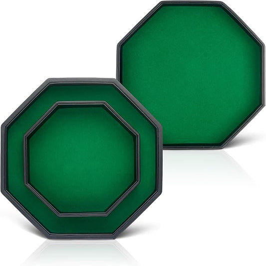 Dice Tray With Lid for Board Games, Green Felt Lined PU Leather Octagon Rolling Tray and Box Storage