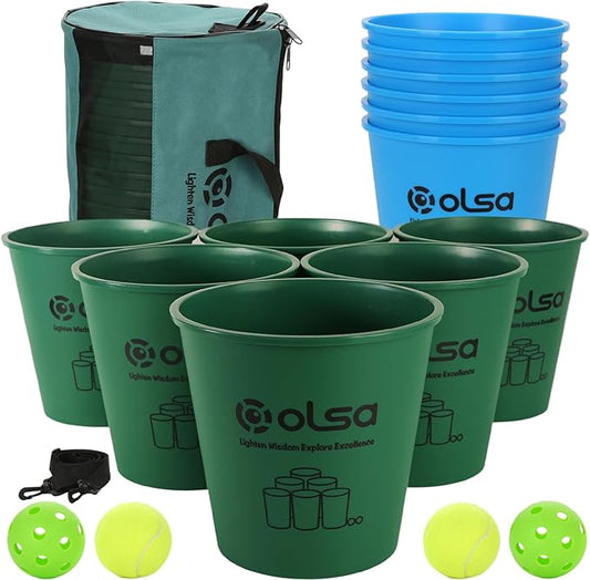 Olsa Giant Yard Pong Outdoor Games, Toss Family Games with 12 Buckets, Balls & Strength Carrying Bag for Yard Games Lawn Game Beach Games, Indoor Outdoor Games for Adults and Family (Green & Blue)