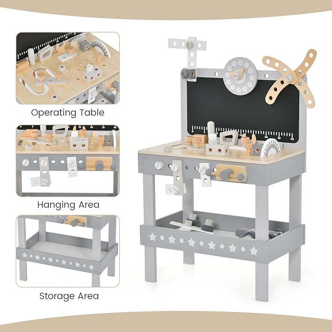 INFANS Tool Bench Set for Toddlers, Kids Wooden Workbench with Blackboard Construction Building Tools and 62 Accessories, Creative Realistic Pretend Play Workshop Gift for Boys Girls