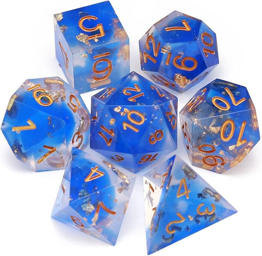 Haxtec Blue D&D Dice Set - Sharp Edge Resin Dice with Gold Flakes, Case for RPG Role Playing Games, Dungeons and Dragons Gift