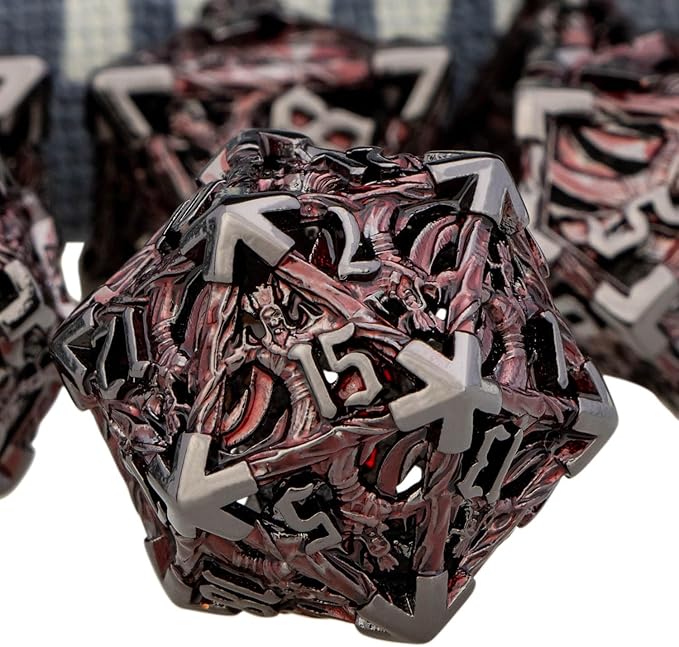 Hollow DND Dice Set Metal Wizard Dice with Box, 7pcs Red Black Polyhedral D and D Dice for use with D&D RPG Tabletop Games Role Playing Game