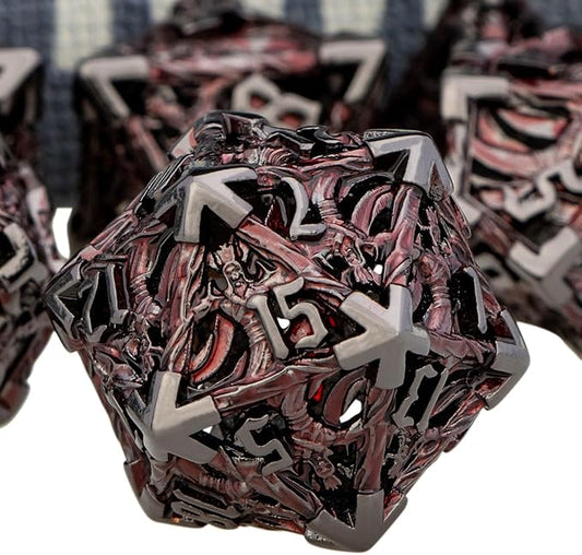 Hollow DND Dice Set Metal Wizard Dice with Box, 7pcs Red Black Polyhedral D and D Dice for use with D&D RPG Tabletop Games Role Playing Game