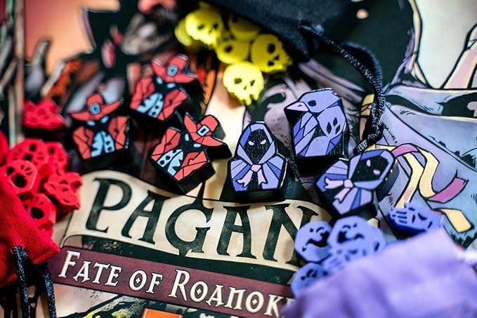 Pagan: Fate of Roanoke - Wooden Token Set, 125 Painted Game Pieces & 3 Custom Screen Printed Cloth Bags