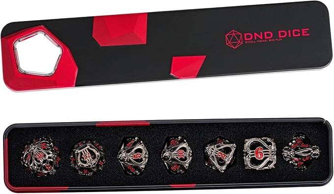 Cusdie 7-Die Metal Dice Set - Hollow Design with Bells - Crisp Sounding Gaming Dice in Tin Box - Perfect for Tabletop RPGs & Board Games(Black w/Red Numbers)