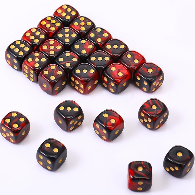 TecUnite 25 Pieces Colored Dice 6 Sided Dice Set, 6 Sided Standard Dices with Black Drawstring Storage Bag for Board Games, Parties, Math Learning, Classroom(Dark Red Black,6 Sides)