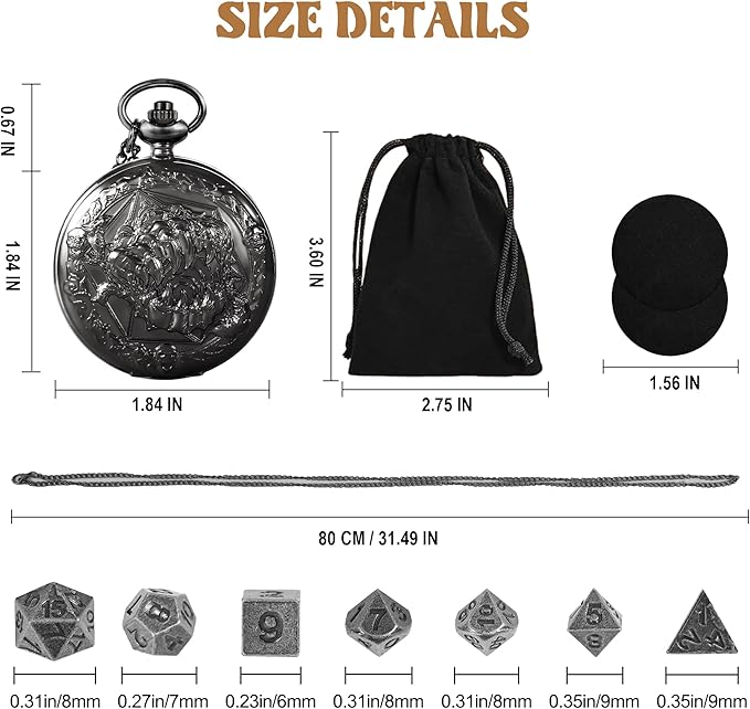 D&D Dice Set,7PCS Metal Dice Set for Dungeons and Dragons,Mini Dice Sets with Pocket Watch Case,Role Playing Board Games Accessories (Monster, Black)