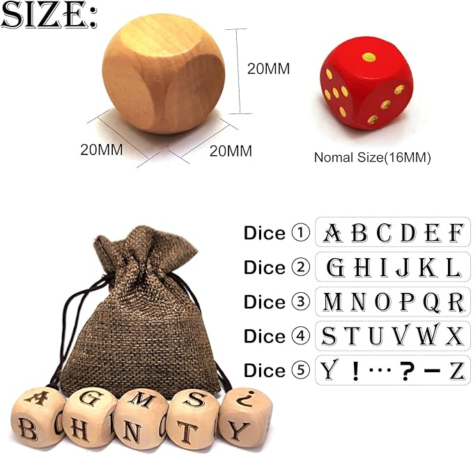 5Pcs/Set Wooden Letter Dice Set,6-Sided Laser Engraving A-Z Pattern Wood Rolling Dices for Game Party