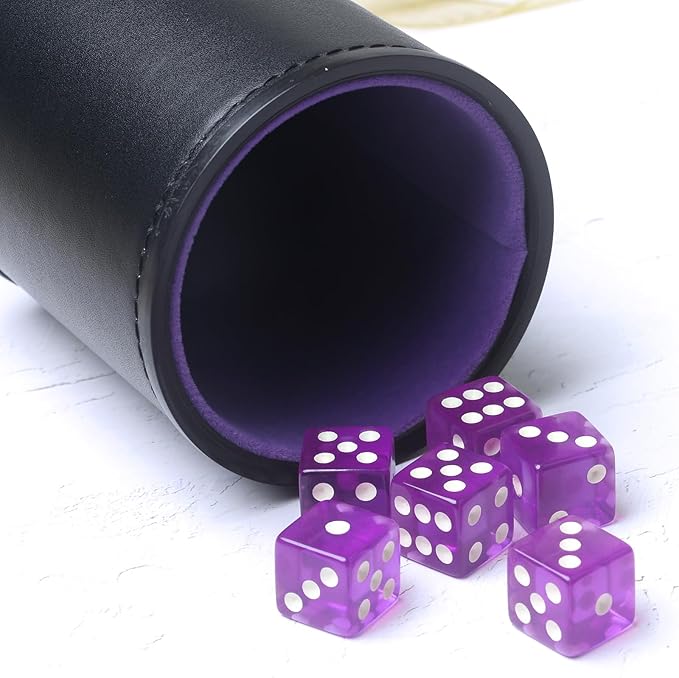 PU Leather Dice Cup Set, Purple Velvet Interior Dice Cup Shaker Quiet with 6 Purple Translucent Dice for Liars Dice/Farkle/Yahtzee Games, 1 Pack