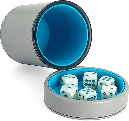 Luck Lab Grey Leather Dice Cup with Lid Including 6 Matching Pearl Dice - Teal Velvet Interior for Quiet Shaking - Use for Liars Dice Farkle Yahtzee Board Games, Grey