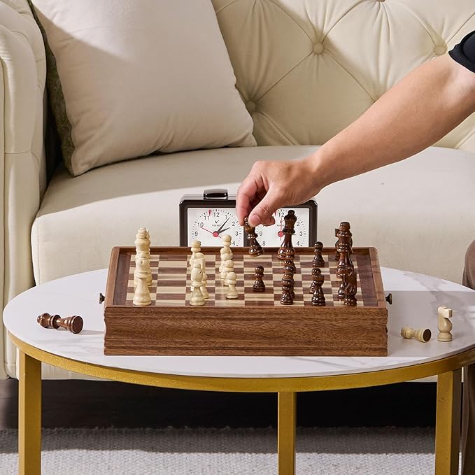 VEVOR Solid Wood Chess Set, 15 inch 2-in-1 Chess Checkers Game Set, Chess Board Games with Storage Drawer & Weighted Chess Checkers Pieces & 2 Queens, Christmas Crafts Xmas Gift