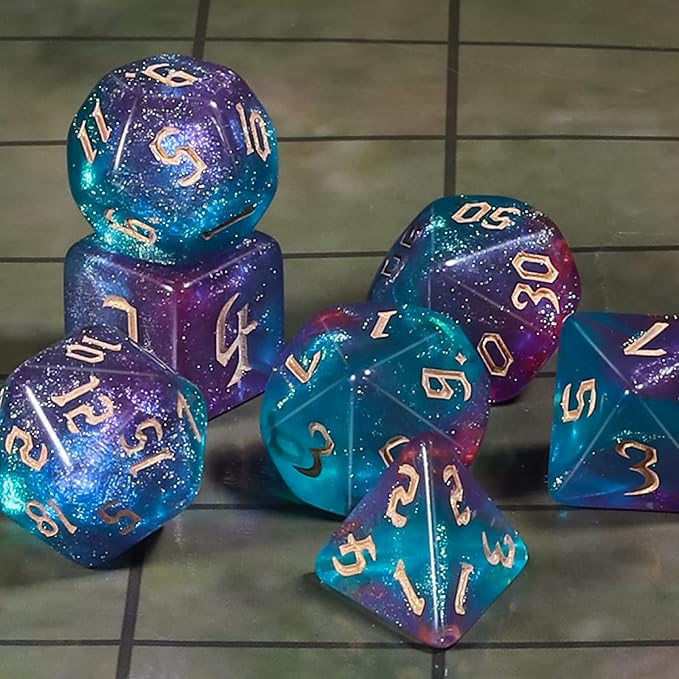 CiaraQ DND Polyhedral Dice Set for Dungeons and Dragons RPG MTG Role Playing Table Games-with 1 Dice Pouch (Blue + Purple + Glitter)