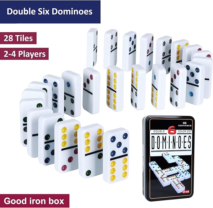 GOTHINK Dominoes Set for Adults with 4 Wooden Trays/Racks, Double 6 Dominoes Set Travel Set with 4 Tiles Holders, 28 Tile Colored Dot Dominos in Tin Box Classic Family Board Games for 2-4 Players