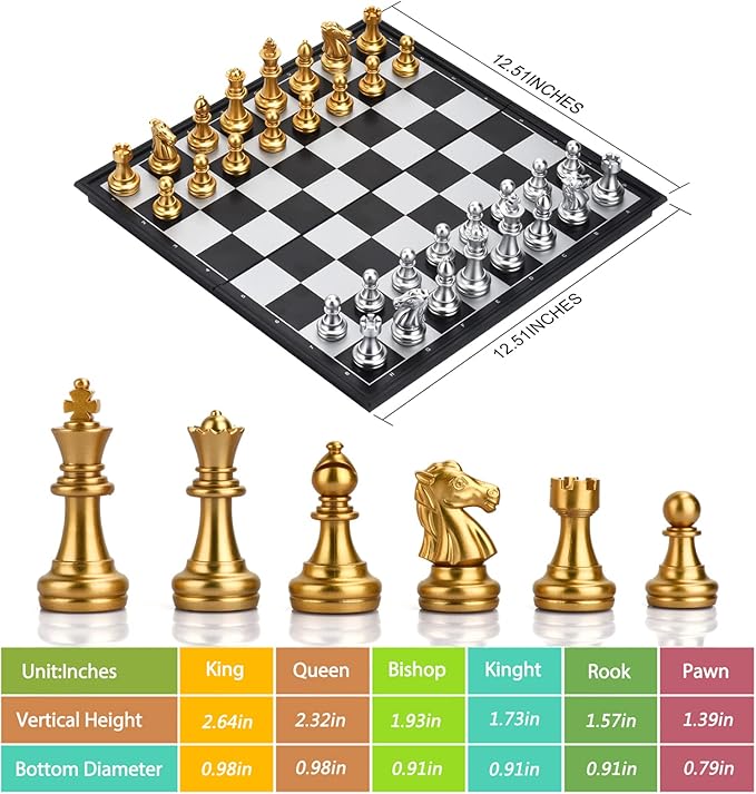 3 in 1 Magnetic Chess Checkers Backgammon Board Game Set with Folding Board Travel Games for Kids and Adults (Chess: Gold & Silver)