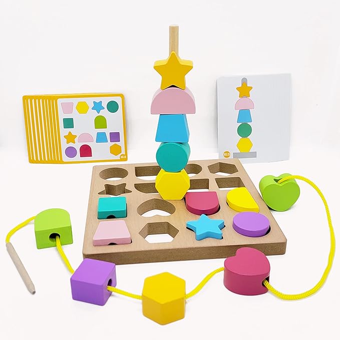 Jispring Puzzle Games for Dementia, 3-in-1 Color Matching Shapes, Wooden Shape Sorter for Alzheimers, Beads Sequencing for Elderly, Fidget Sensory Toys for Seniors, Keeping Hands Busy, Anxiety Relief