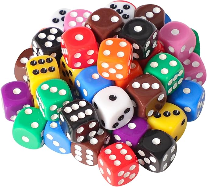 50 Pieces 16mm Colored Dice Set, Bulk Dice in 10 Colors with a Blue Drawstring Storage Bag, 6 Sided Dice for Board Games