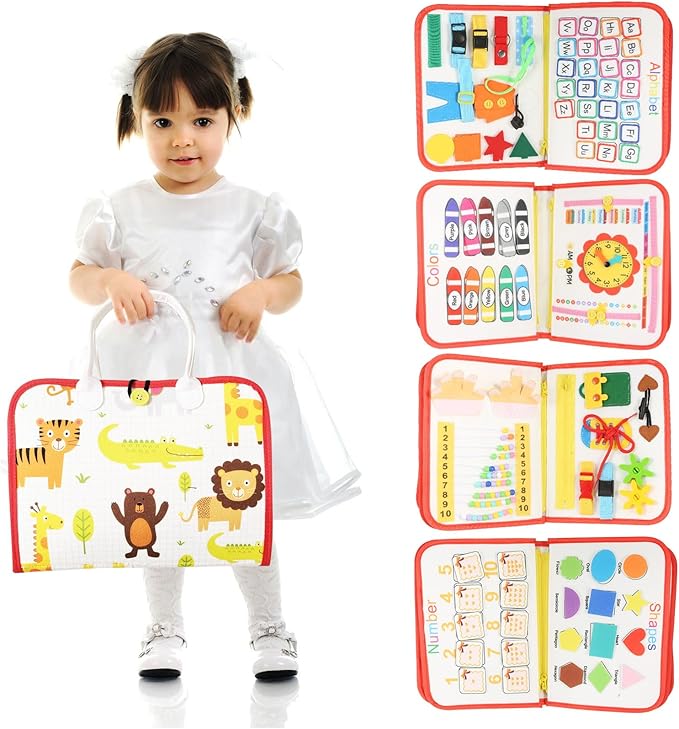 Busy Board for Toddlers Sensory Toys -Autism Educational Activity Sensory Travel Toys for Toddlers 3+ Years Old, Preschool Activities Learning Alphabet Count Fine Motor Skills, Gift for Boys Girls