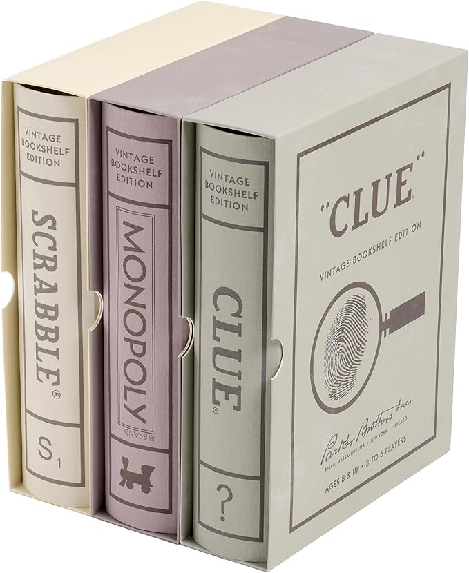 WS Game Company Scrabble, Monopoly, and Clue Vintage Board Games Bookshelf Collection For 2-6 Players, Ages 8+