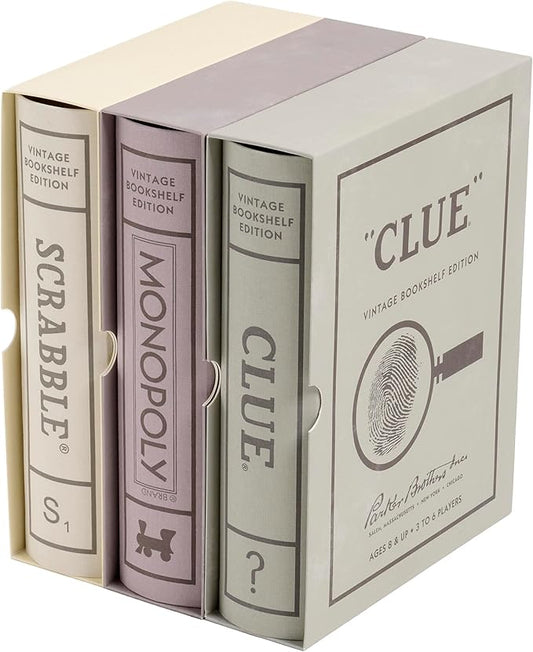 WS Game Company Scrabble, Monopoly, and Clue Vintage Board Games Bookshelf Collection For 2-6 Players, Ages 8+