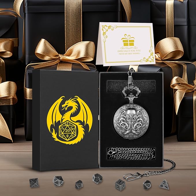 Mini DND Dice Set with Steampunk Double Eyed Octopus Pocket Watch Case, Tiny 7PCS Polyhedral Metal D&D Dice, DND Gifts with Gift Box, Role Playing Game Board Game Accessories Dice, Dark Silver