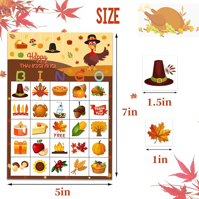 Funnlot Fall Bingo Game for Kids - Thanksgiving Party Activities for 24 Players, Family and Classrooms