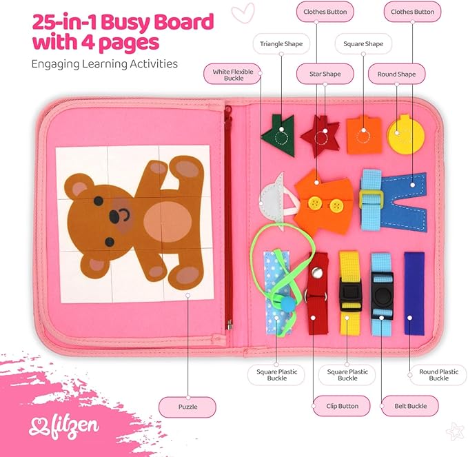 Busy Books for Toddlers 1-3 Year Old - Baby Activity Board for Toddlers 1-3 Travel Toys for Airplane, Car Gift for Boys Girls, Educational Montessori Board to Develop Fine Dress Motor Skills