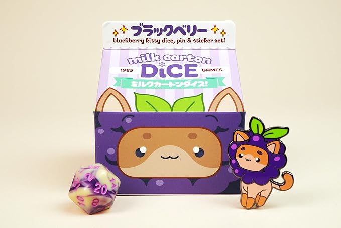1985 Games BlackBerry Kawaii Cat Dice Set – Milk Carton-Inspired Dice for DND | TTRPGs & Tabletop Roleplaying