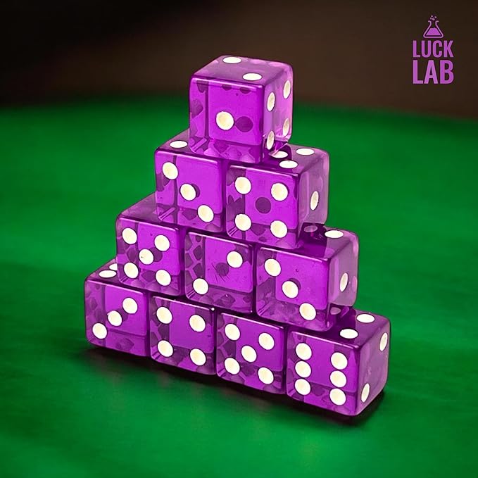 Luck Lab 10 Piece 19 mm Dice Pack - Acrylic and Translucent D6 Dice, Square w/Rounded Edge for Casino, Craps, RPG MTG DND Dice Table Games and Board Games (Purple)