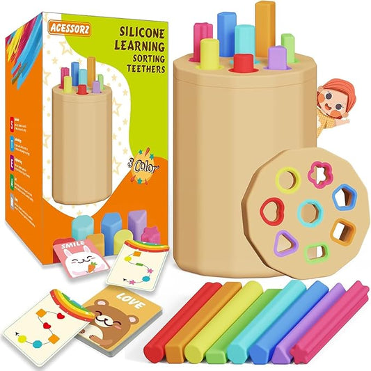 Montessori Toys for 1-3 Year Old - Silicone Learning Color Shape Sorting Teether Travel Toys for Toddlers Age 1 2 3, Fine Motor Skills Infants Sensory Matching Games, Busy Board Boys Girls Gifts