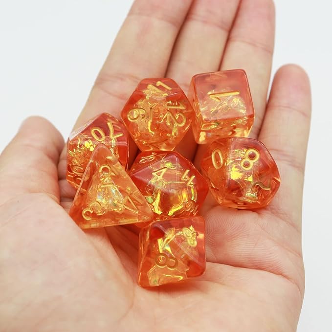 Haxtec Orange DND Dice Set RPG Fall Filled Resin Polyhedral D&D Dragon Dice with Iridescent Mylar Inclusion for Roleplaying Games Dungeons and Dragons Gift