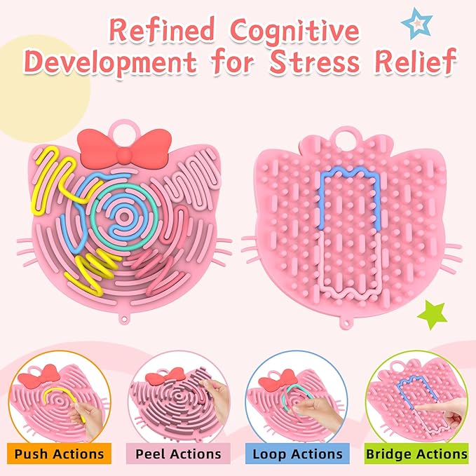 Silicone Sensory Activity Board,Double-Sided Busy Board for Fine Motor Skill,Fidget Toy for Calming, Stress, Anxiety, ADHD , Autism , Silent, No Mess , Kids 3+ & Adults(Cat,Pink)