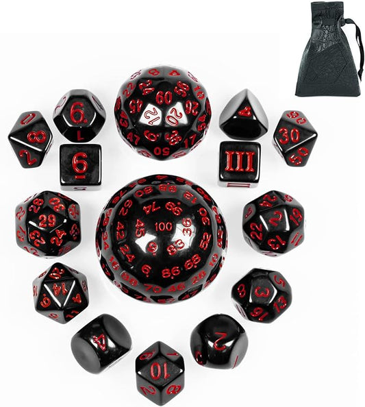15 Pieces Complete Polyhedral DND Dice Set D3-D100 Spherical D&D Dice Set with Dragon Eye Dice Bag, D100 Dice for Dungeons and Dragons, RPG, MTG Table Games(Black w/Red Numbers)