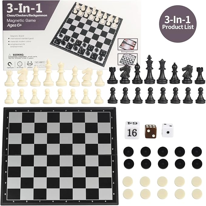 Andux Foldable Magnetic Three-in-One Board Game Set, Chess, Backgammon, Checkers (L, 32x32x2cm, 6+, 2 Players)