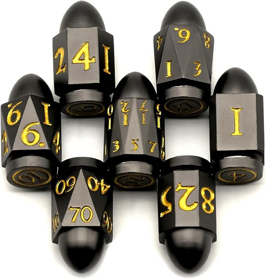 Bullet Dice Set, DND Dice Metal Revolver，ZHOORQI D6 Gun Dice D&D Gifts for Dungeons and Dragons, RPGs(7-Black Gold)
