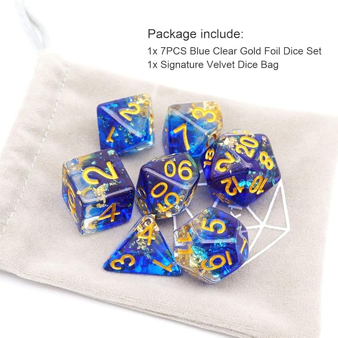 Haxtec DND Dice Set 7PCS Polyhedral Dice for Roleplaying Dice Games as Dungeons and Dragons-Blue Clear Gold Foil