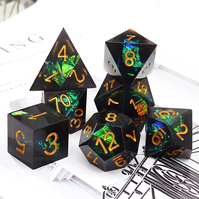Haxtec DND Dice Set Black Sharp Edge Resin Dice with Dice Case Iridecent D&D Dice for RPG Dungeons and Dragons DND Gift-Black Galaxy