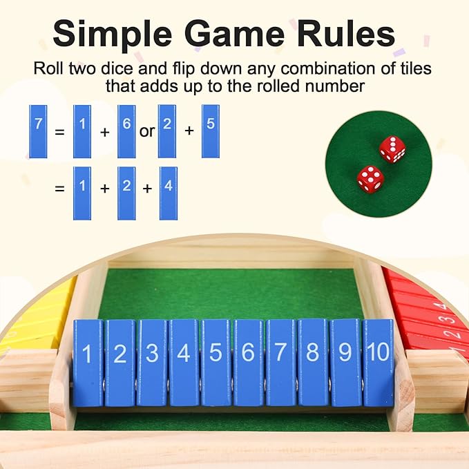 Shut The Box Game, Family Games for Kids and Adults, Classics Tabletop Math Skills Board Game, 2-4 Player Wood Board Shut The Box Dice Dame for Family Night Classroom Home Party and Pub