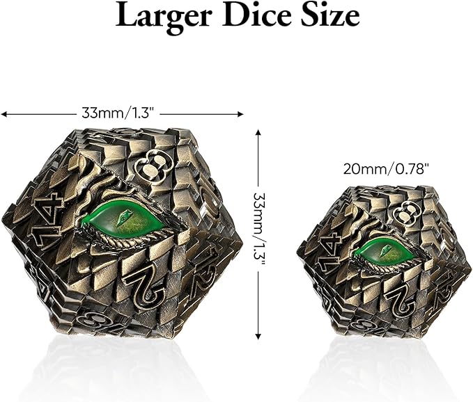 Dragon Eye Scale DND Metal Dice,33mm 20 Sided Giant D20, Large Polyhedral Dice, D&D Metal Dice Set for Dungeons and Dragons, RPG, MTG & Tabletop Games(Bronze with Green Eye)
