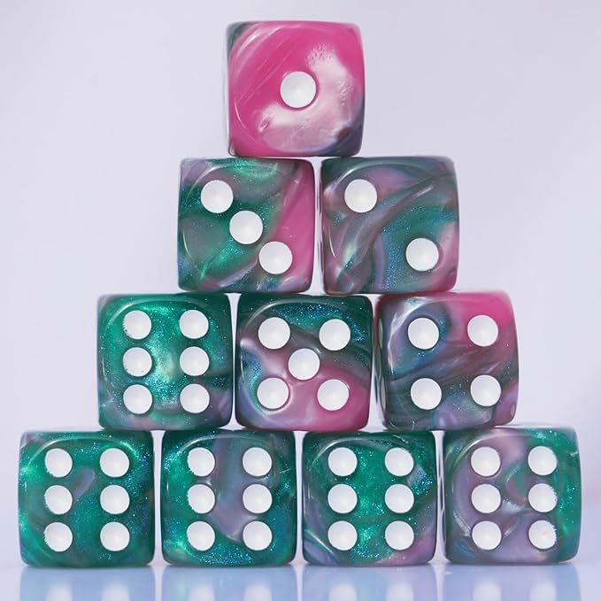 10 PC 16mm Acrylic Dice Set for RPG MTG DND Dice Table Games and Board Games (Pink + Green)