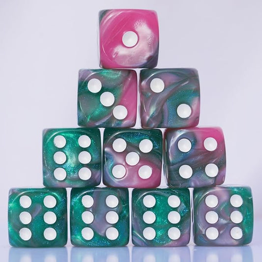 10 PC 16mm Acrylic Dice Set for RPG MTG DND Dice Table Games and Board Games (Pink + Green)