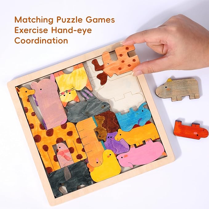 WODI Wooden Animal Puzzle Matching Game Montessori Toys for 3+ Year Old Puzzle for Toddlers Paint Your Own Animal Blocks with 12 Colored Pens Open Ended Toys Gifts for Kids