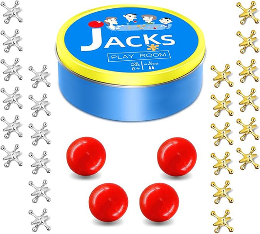 Metal Jacks Game with Ball Set, Classic Jax Game Toy for Kids Adults, Old School Jackstones Games Set (24 Jacks + 4 Balls)