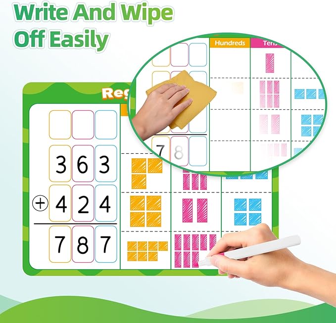12 PCS Place Value Chart Dry Erase Flash Cards, Addition and Subtraction Learning Math Games for Kids, Base Ten Board Math Manipulatives 1st 2nd 3rd Grade Teacher Classroom Must Haves