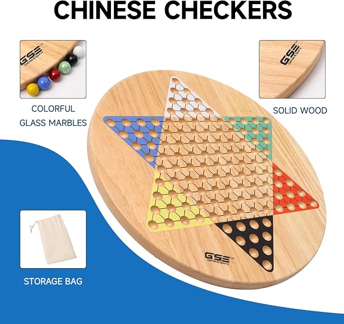 GSE Games & Sports Expert 15" Jumbo Oak Wood Chinese Checkers Board Game Set with Colorful Glass Marbles, Classic Strategy Family Board Game for Adults