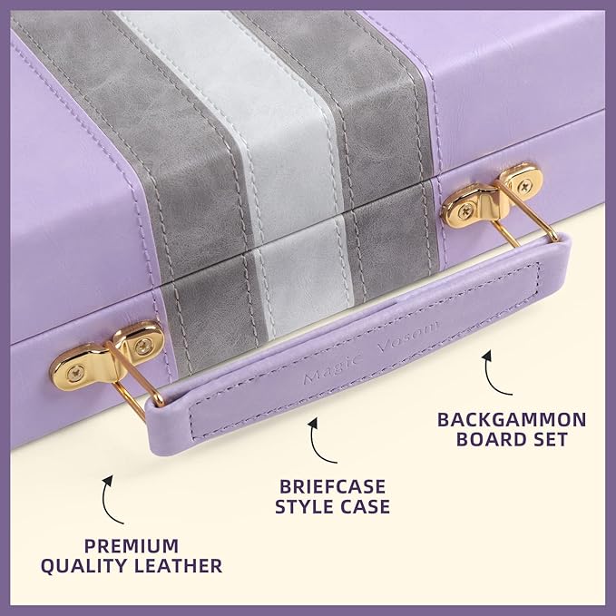 Travel Medium 15 Inch Backgammon Set Classic Board Game Travel with Leather Make Board Gift Package, Portable Travel Strategy Backgammon Game Set for Adults, Kids (Purple, Medium)