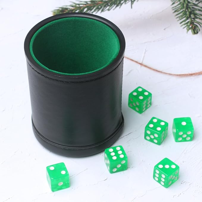 Faux Leather Dice Cup Set, Soft Velvet Interior Dice Cup Shaker Quiet with 6 Green Translucent Dice for Liars Dice/Farkle/Yahtzee Games, 1 Pack