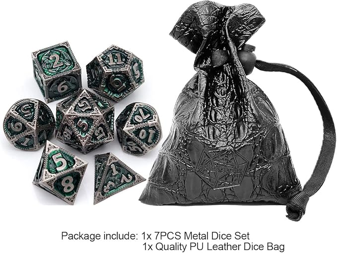 Haxtec DND Dice Set Metal D&D Dice Set with Leather Dice Bag Antique Iron Green Metal Polyhedral Dice for Dungeons and Dragons TTRPG Gifts